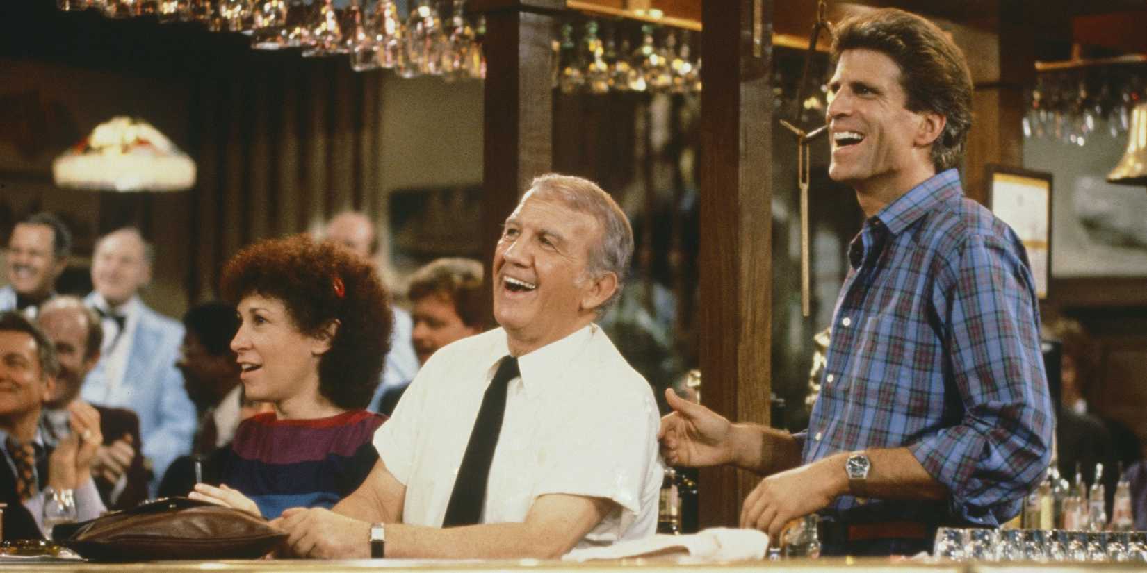 Sam, Diane, and Coach behind the bar in the Cheers pilot