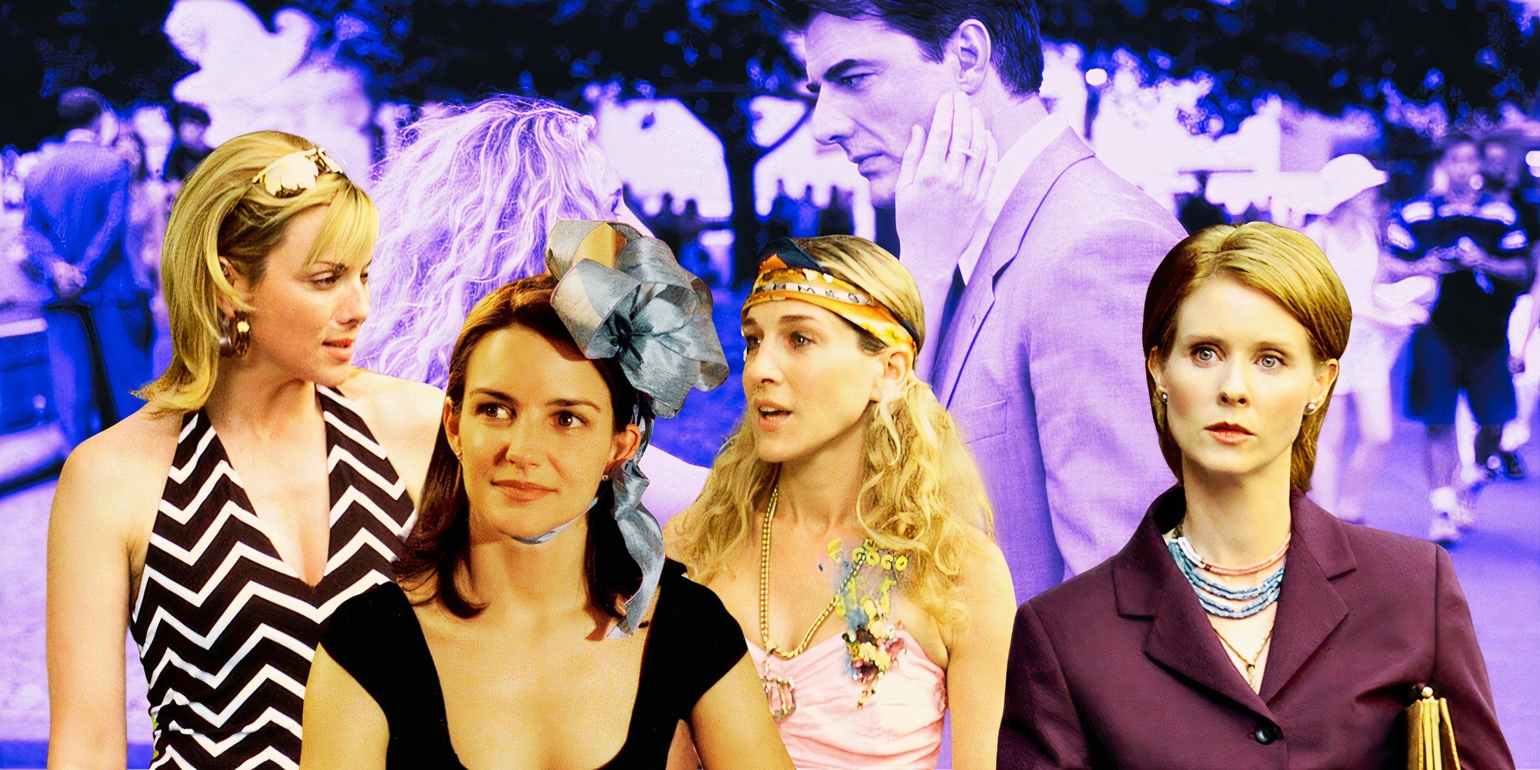 A composite of Sex and the City main characters over an image of Carrie saying goodbye to Big in Sex and the City