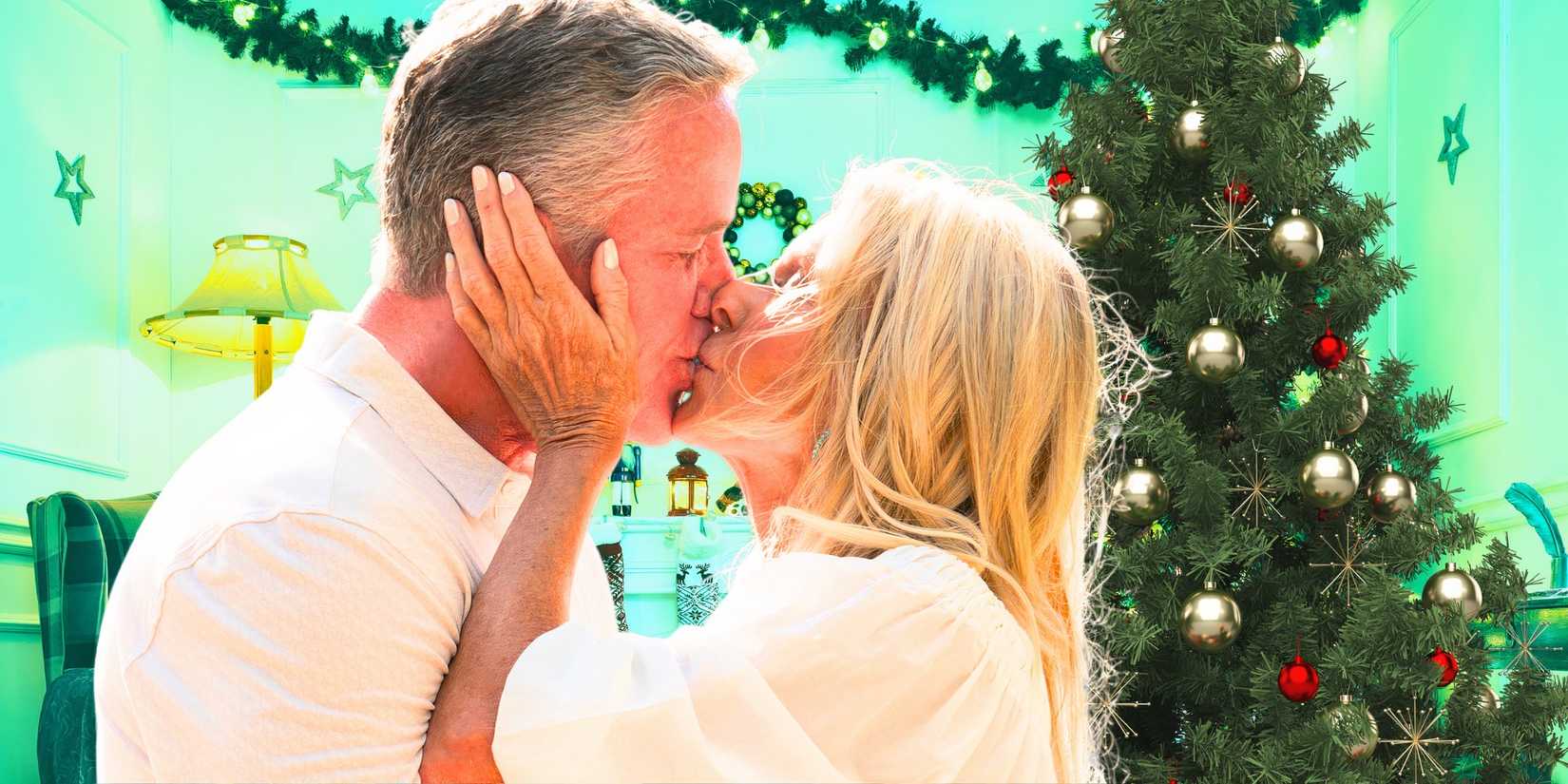 image of The Golden Bachelorette's Joan Vassos & Chock Chapple kissing with a christmas tree background