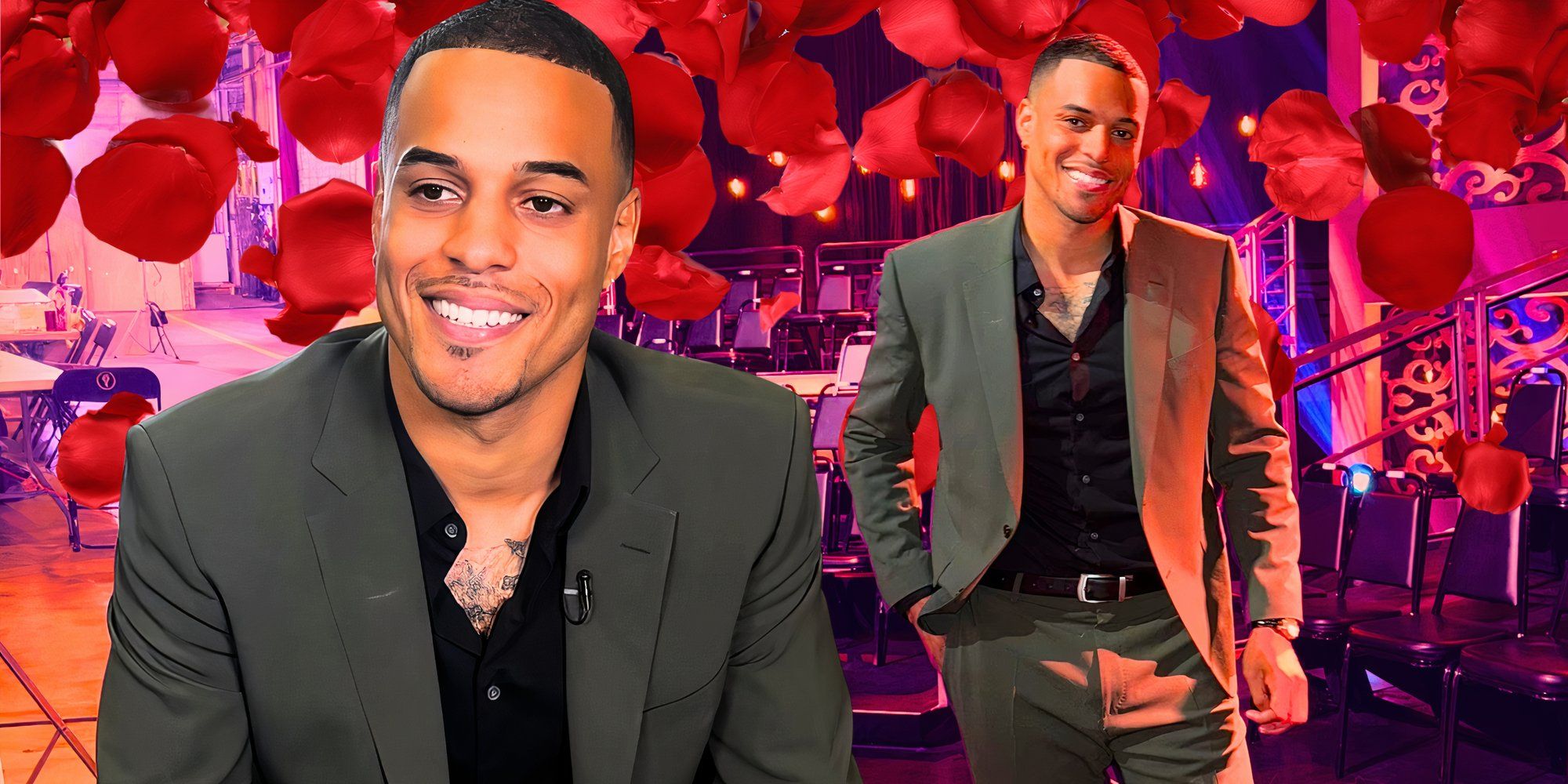 montage of the bachelor's Grant Ellis with rose petal background