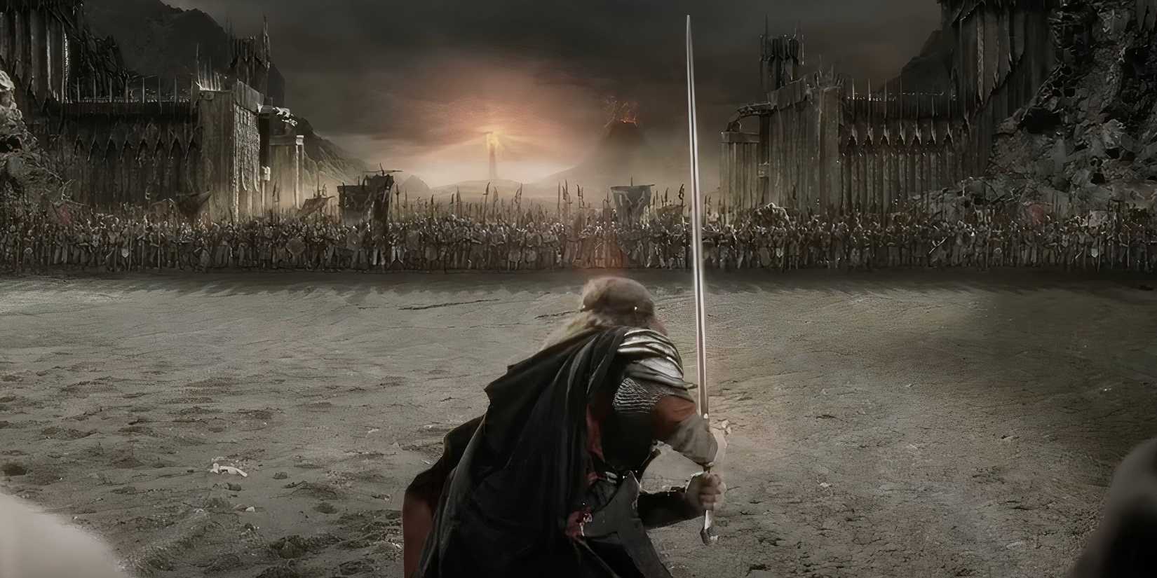 Aragorn (Viggo Mortensen) charging the Black Gate in The Return of the King