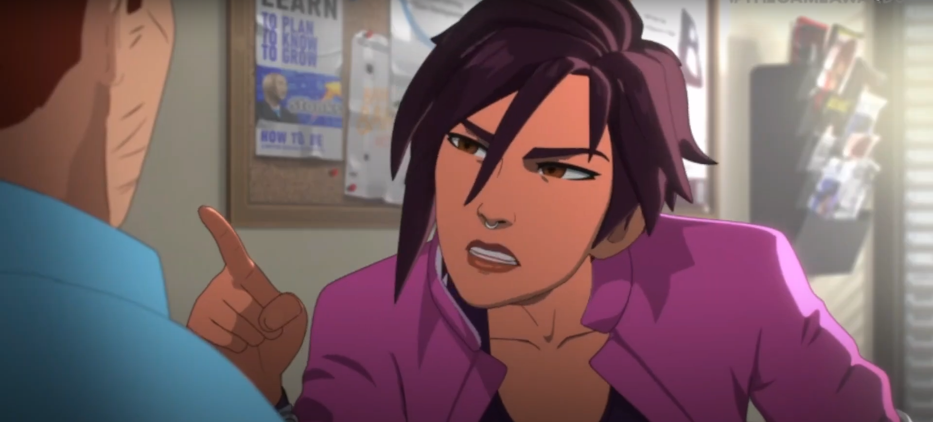Woman pointing a finger at the protagonist in Dispatch trailer screenshot