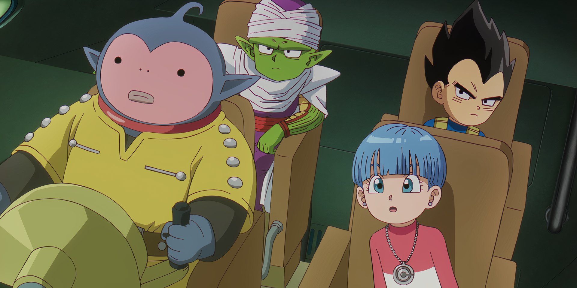 Hybis controls the aircraft with Bulma on the passenger seat, Vegeta sitting straight behind her, and Piccolo sat down hybis behins