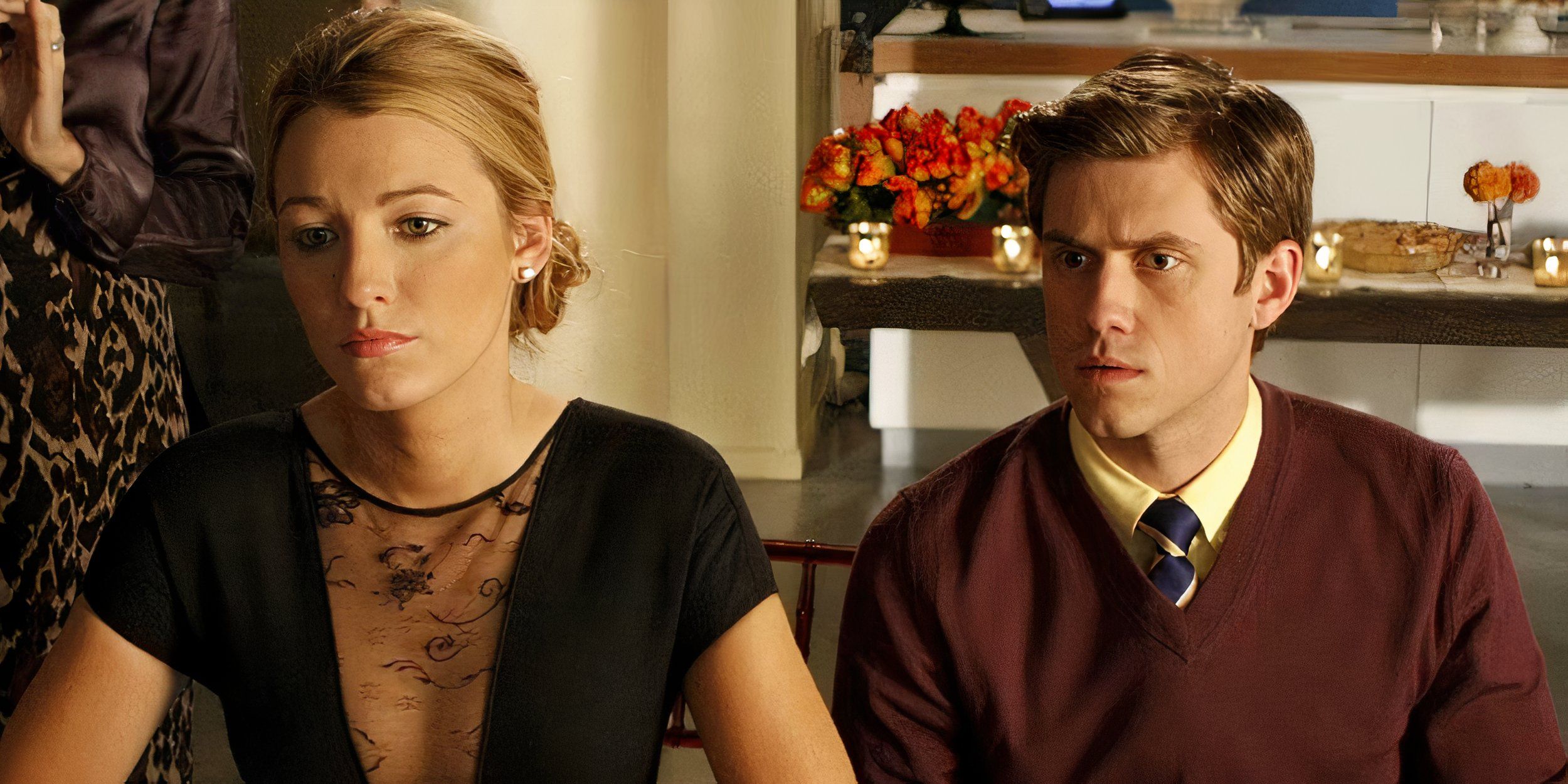 Serena and Trip sitting by one another for Thanksgiving dinner in the Gossip Girl episode The Treasure Of Serena Madre