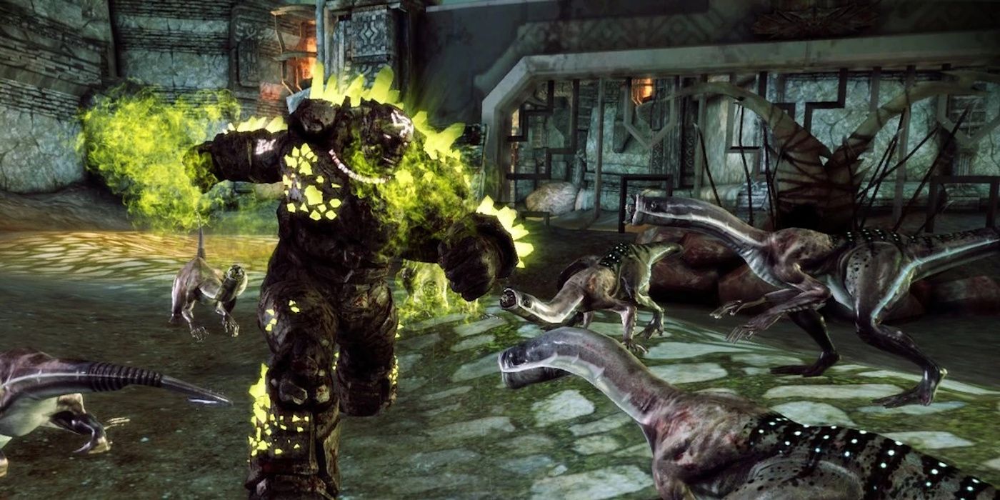 Shale fighting deepstalkers in Dragon Age: Origins.