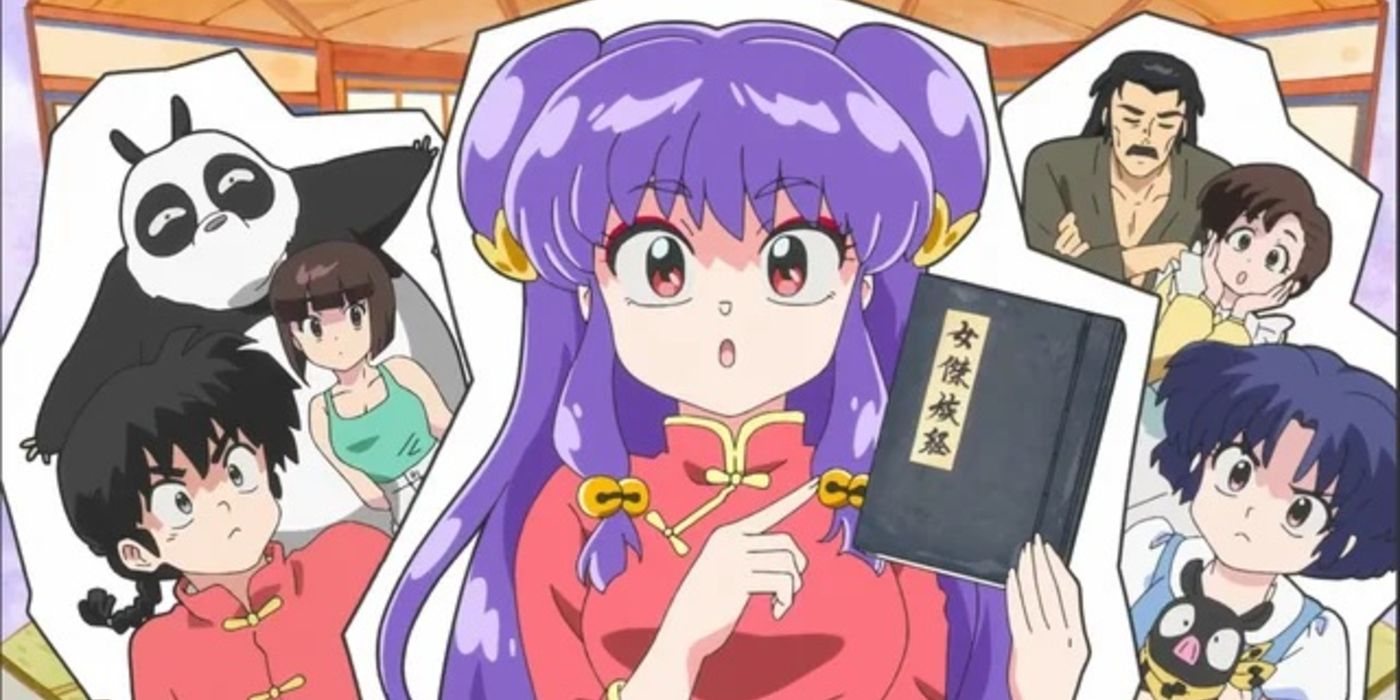 Shampoo segurando um livro com o elenco de Ranma 1/2 atrás dela