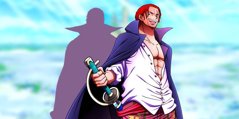 Shanks standing with a smile in front of the shadow from his twin. Behind them, Mary Geois can be seen.
