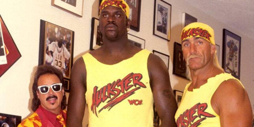 SHAQ poses with Hulk Hogan and Jimmy Hart when they were in WCW