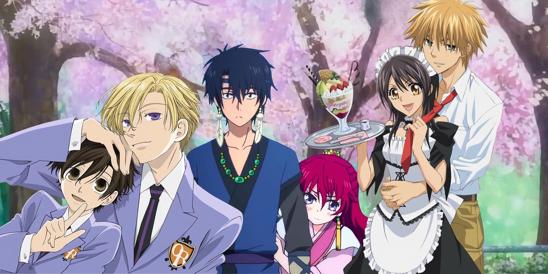 Haruhi and Tamaki from Ouran High School Host Club, Hak and Yona from Yona of the Dawn, and Misaki and Usui from Maid Sama!