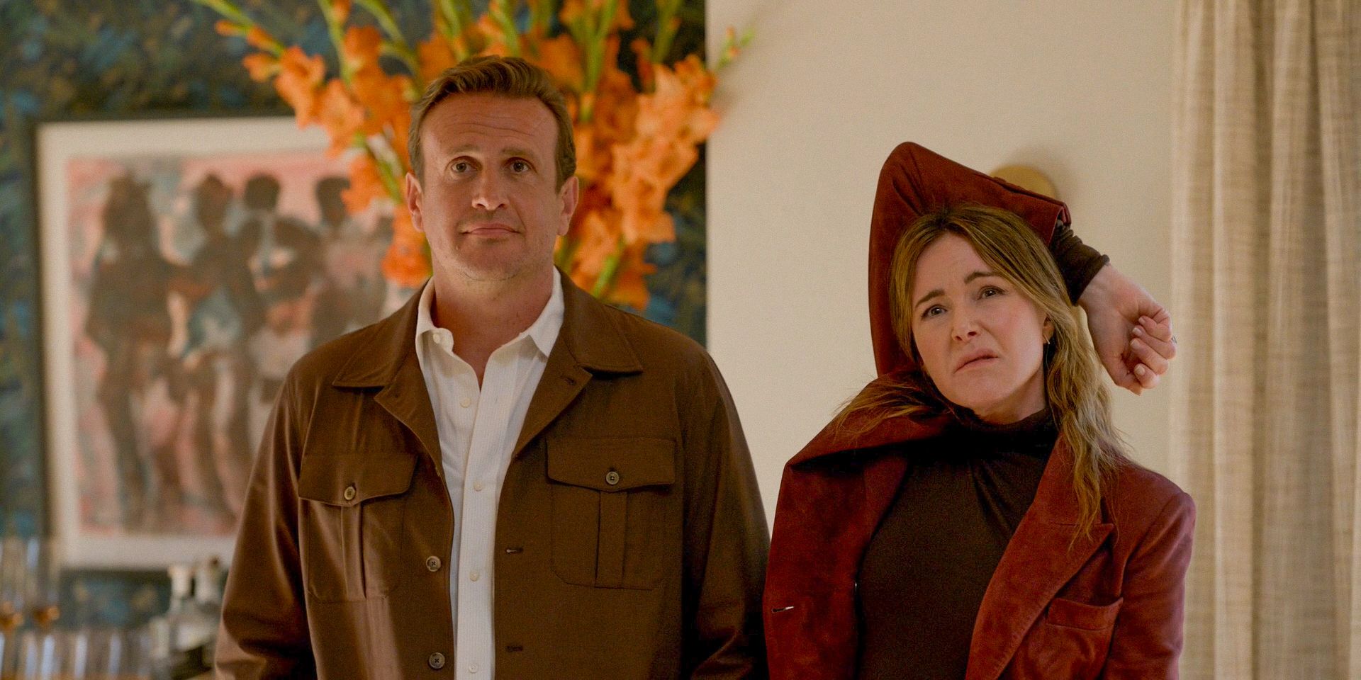 Jimmy (Jason Segel) and Liz (Christa Miller) looking puzzled in Shrinking Season 2 Ep 12