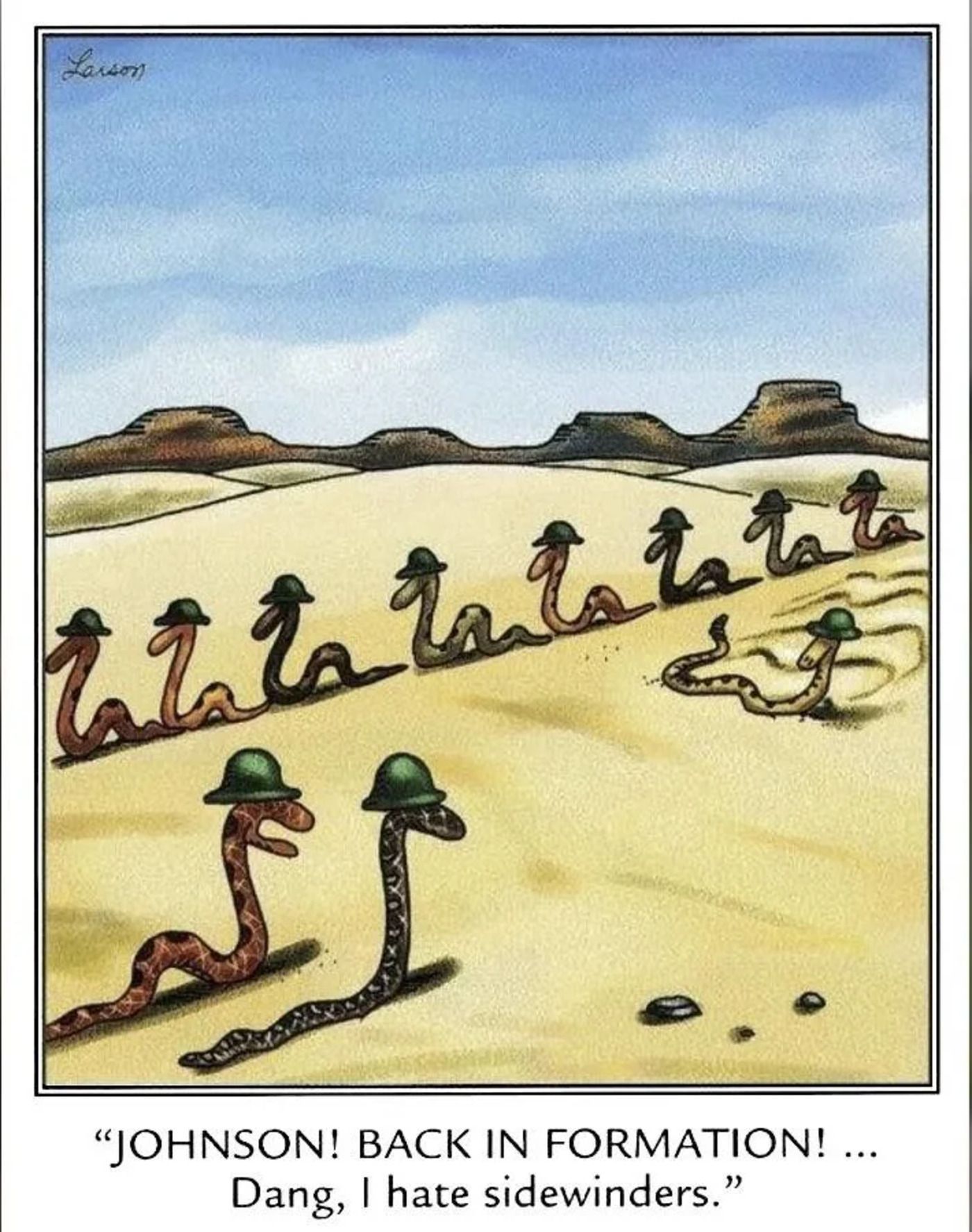 The Far Side strip : des serpents en soldats sur le sable.