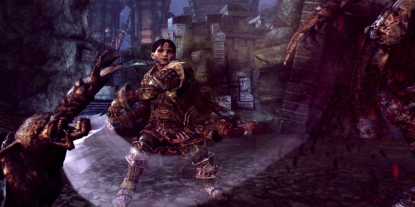 Sigrun in full armor fighting darkspawn in Dragon Age: Origins DLC Awakenings.