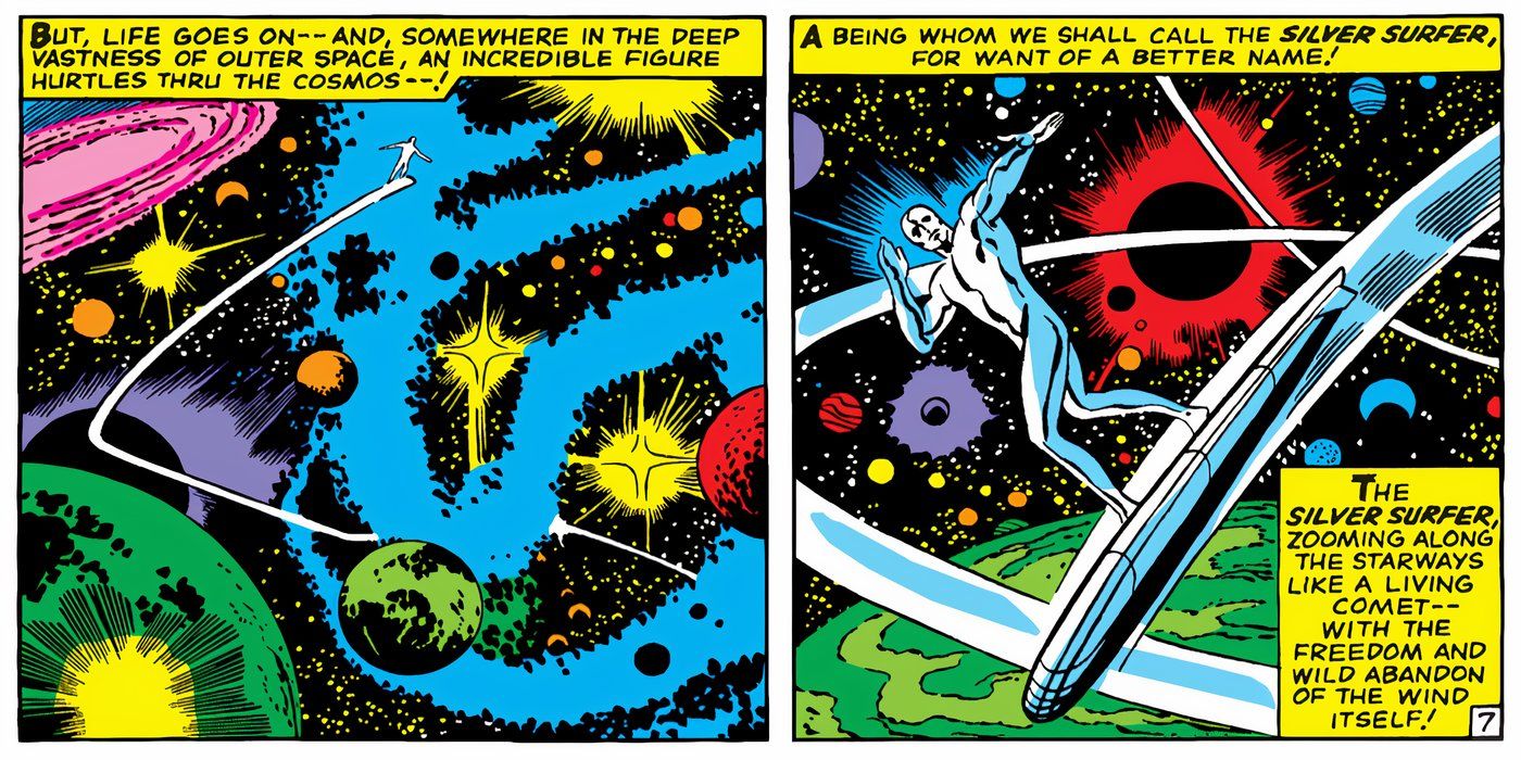 The Silver Surfer soaring through the cosmos.