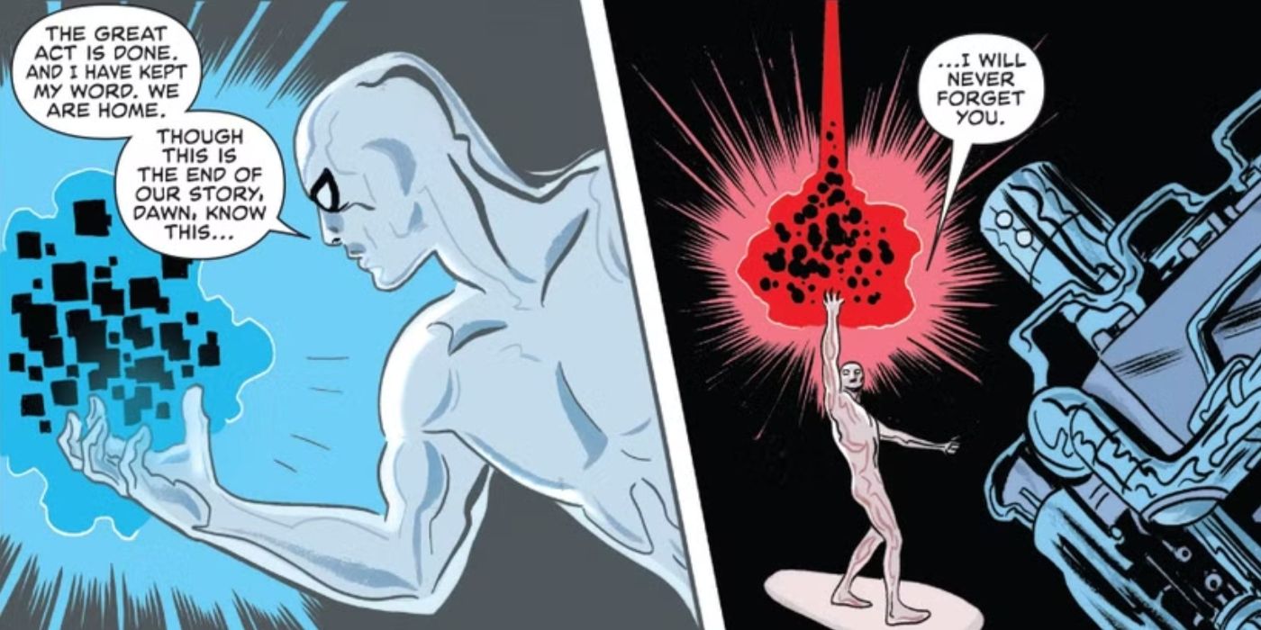 Silver Surfer atira a essência da vida de Dawn Greenwood no vazio de um novo universo.