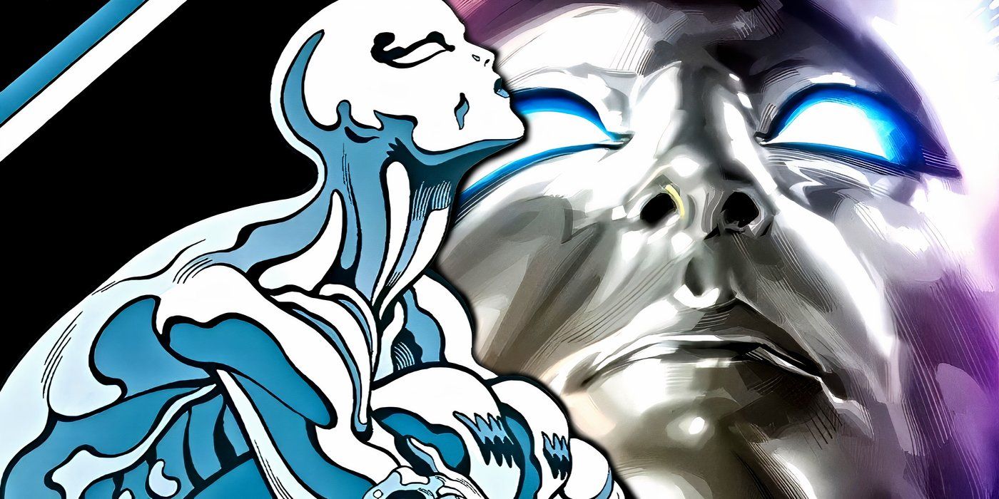 Silver Surfer appearing sad with his enlarged face behind him.