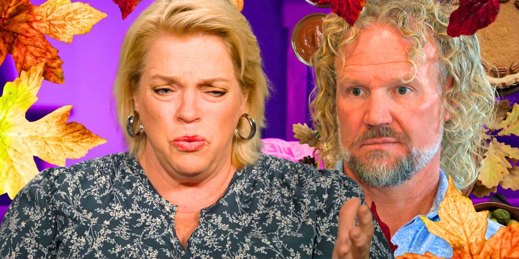 Sister Wives’ Janelle Brown looks disgusted and Kody Brown is serious amid fall leaves.