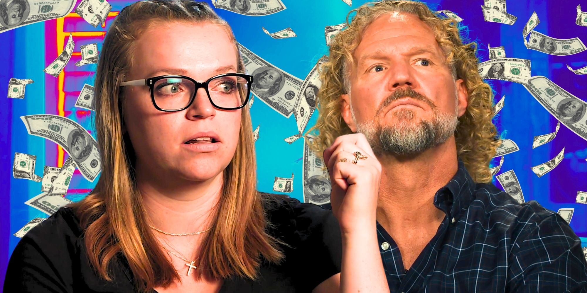 Sister Wives Maddie & Kody Brown in side by side images with concerned expressions & money background