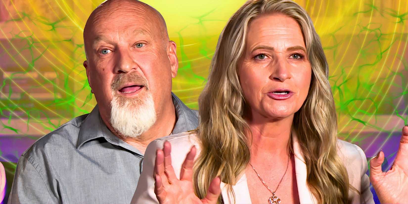Sister Wives stars David Woolley and Christine Brown in intense montage with yellow and green background