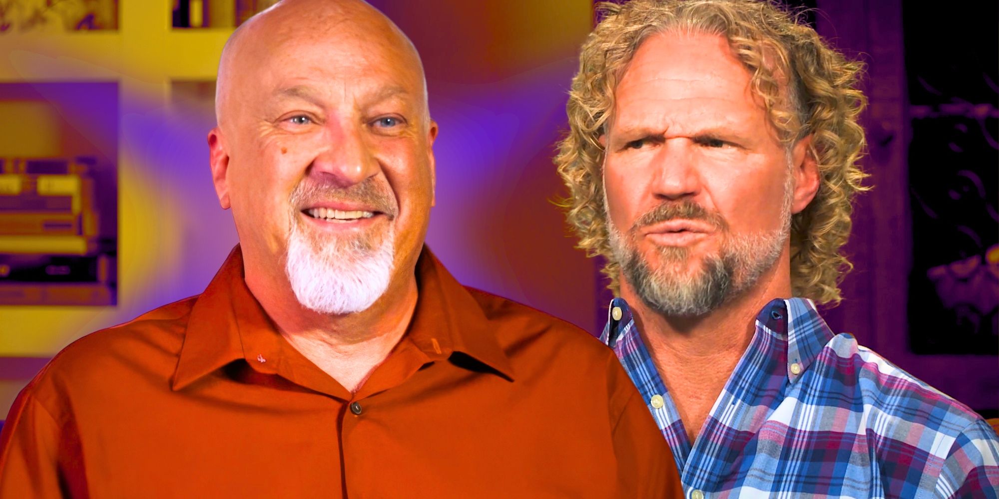 Sister Wives' David Woolley smiles and Kody Brown looks furious.