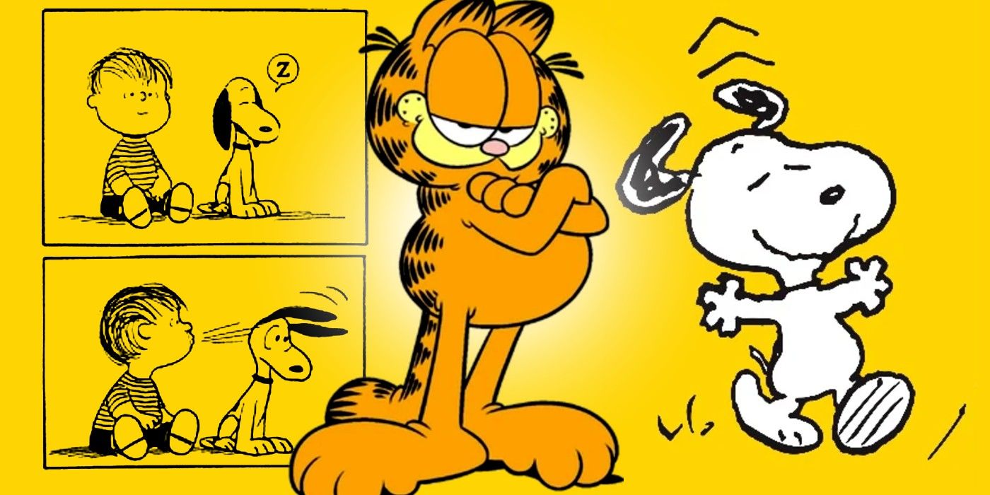 snoopy design changing when he&rsquo;s sitting and dancing, with garfield looking smug