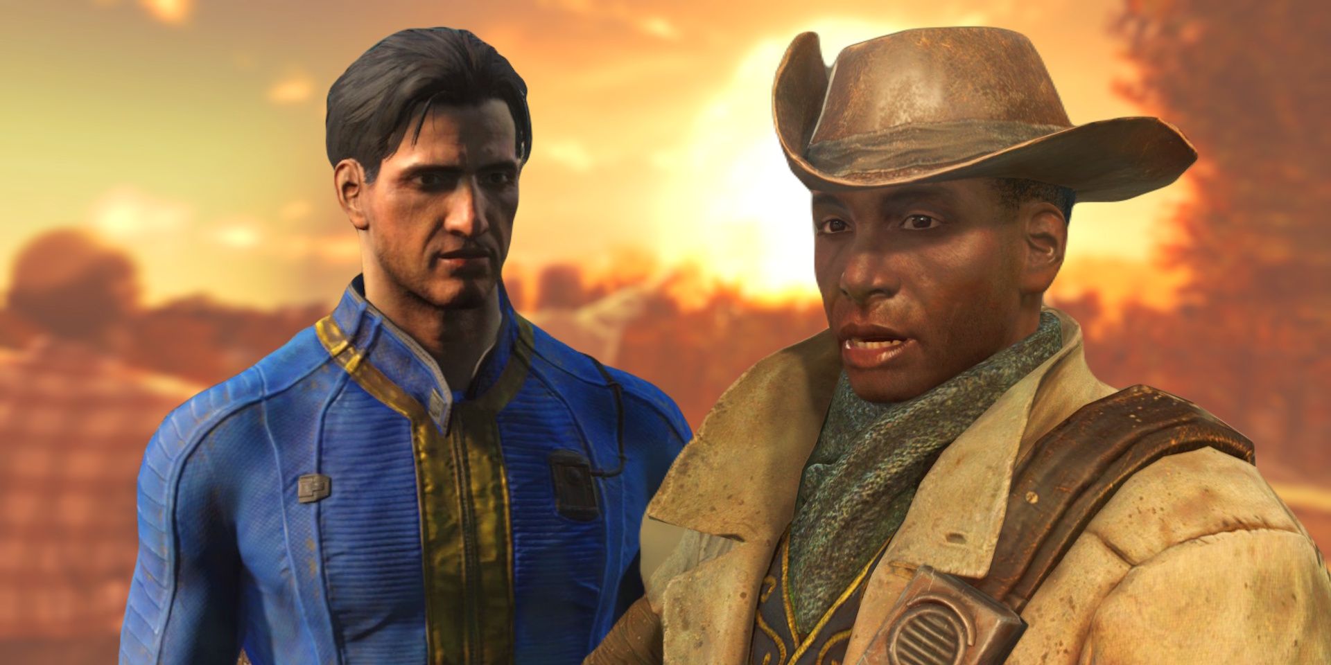 Male Sole Survivor and Preston Garvey with an explosion in the background in Fallout 4.