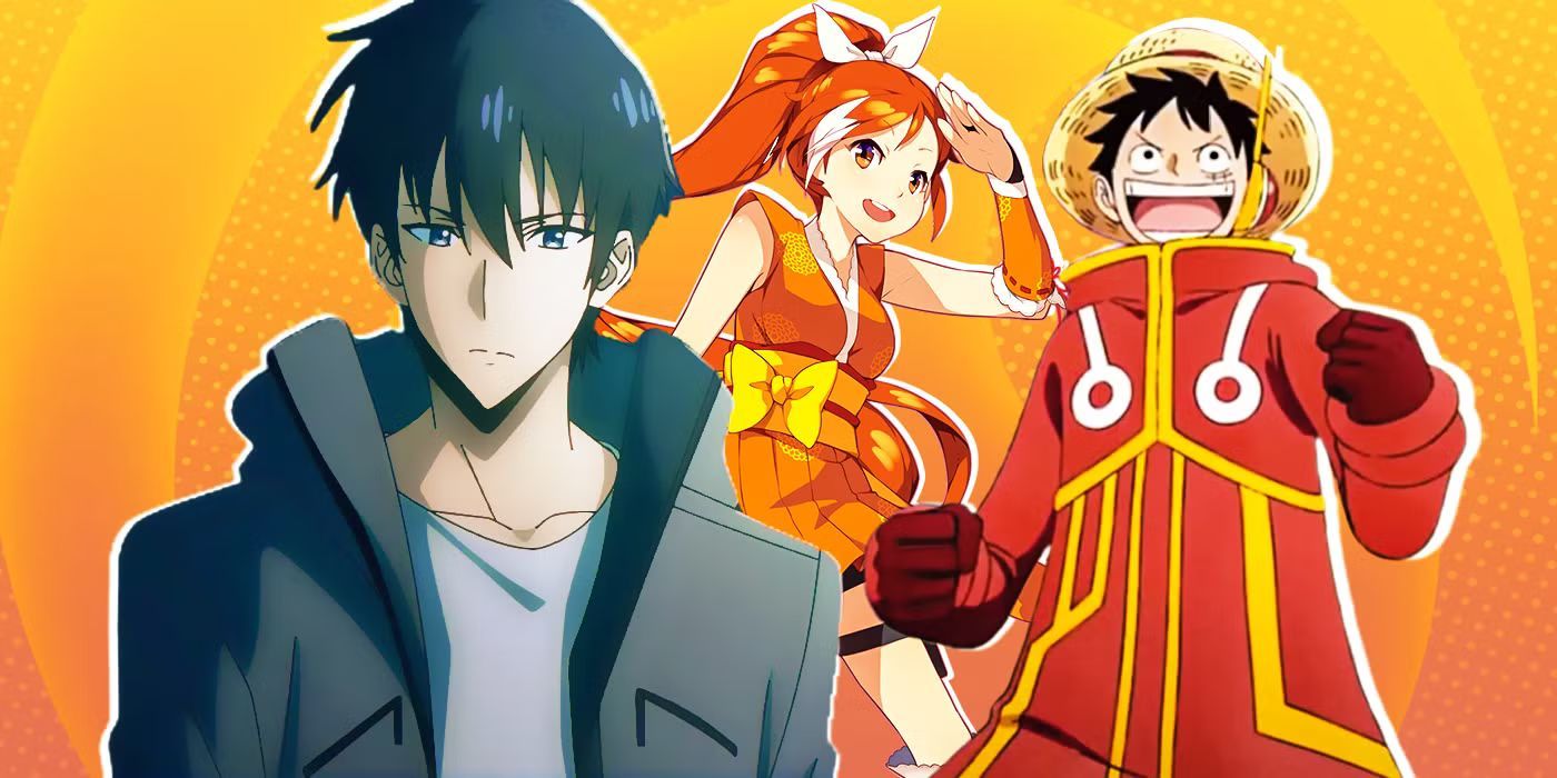 Jin Woo and Luffy in front of the Crunchyroll Mascot