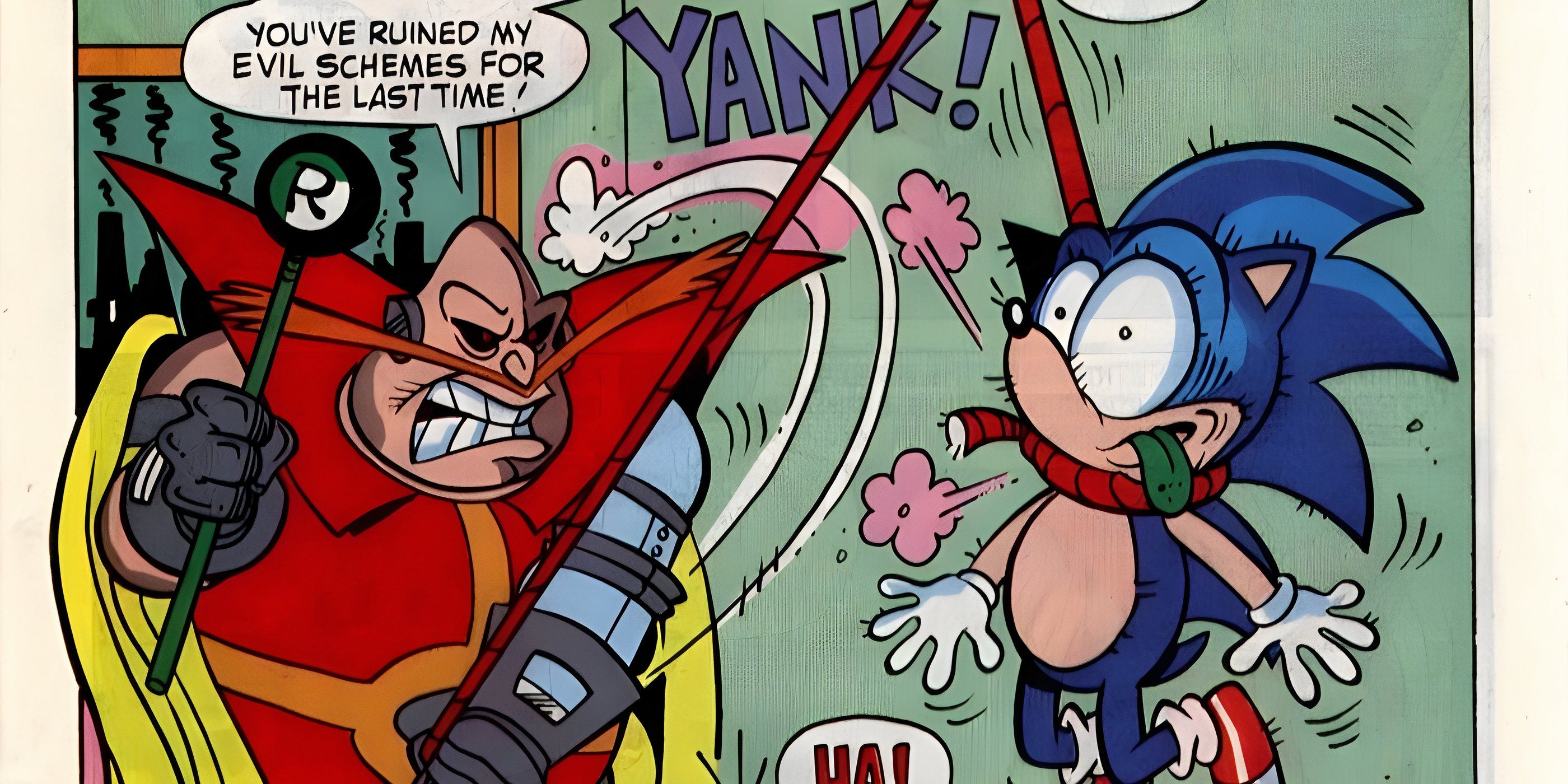 Comic book panel: Dr. Eggman hangs a realistic Sonic effigy