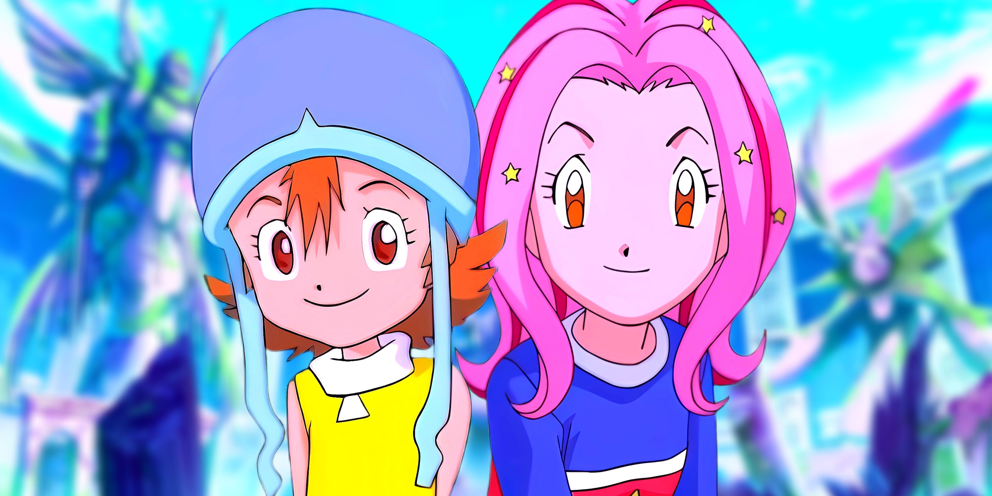 Sora and Mimi standing side by side. Behind them, the temple of Digimon Adventure 2020 can be seen.