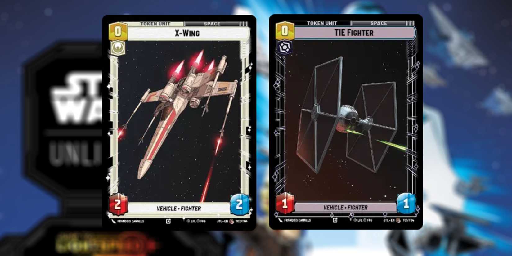 The X Wing and Tie Fighter Space Tokens in Star Wars Unlimited