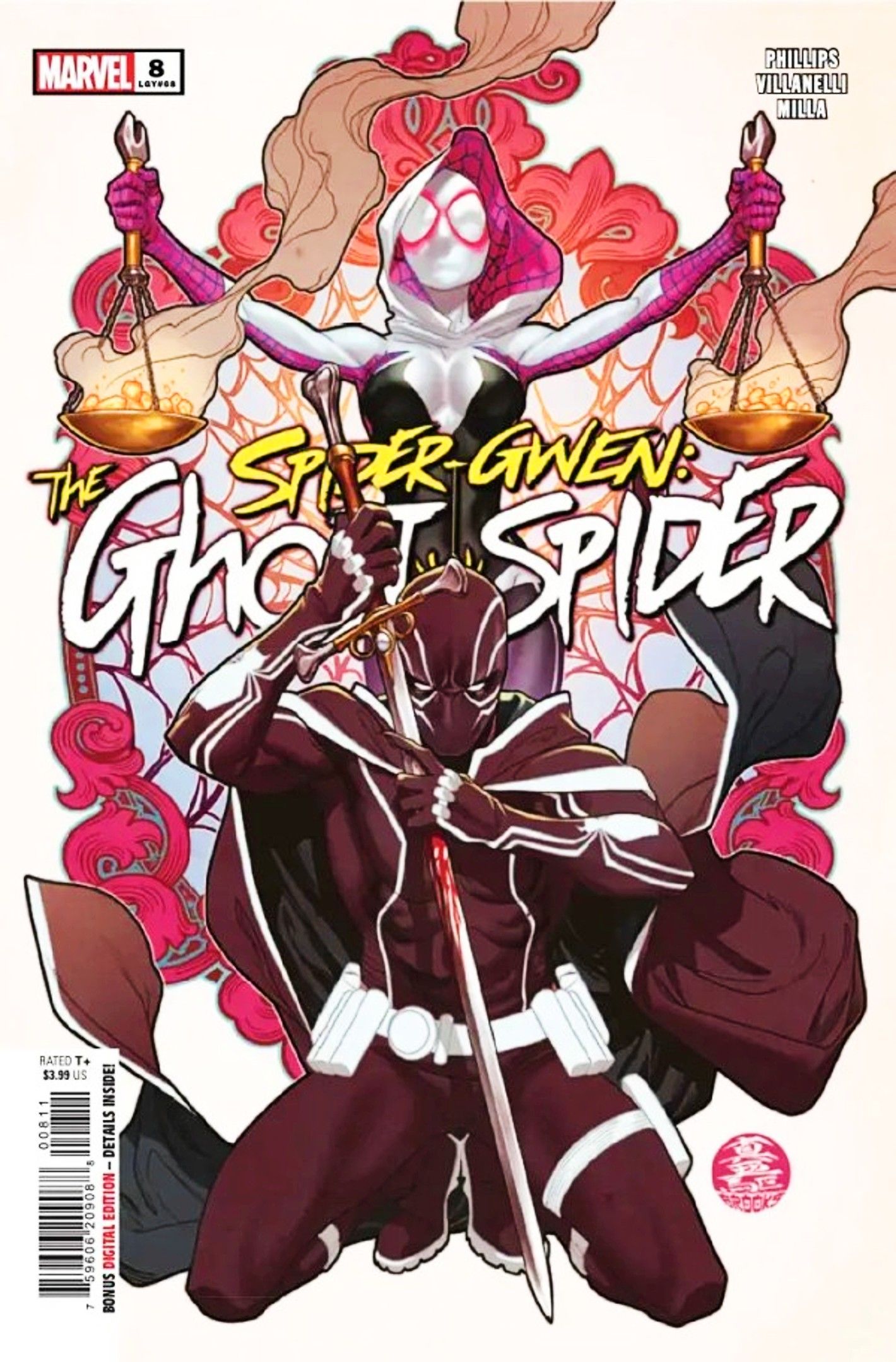 Portada de Spider-Gwen #8, Gwen y Black Tarantula posan en una ilustración estilo carta del tarot.