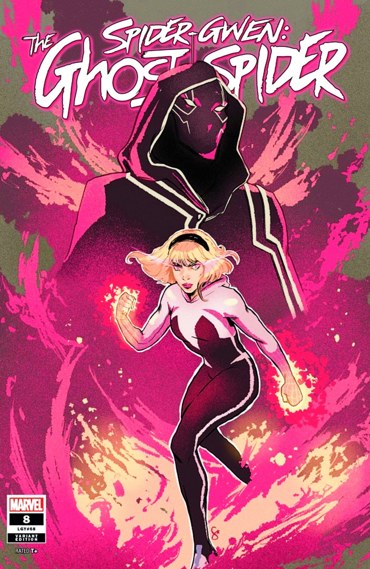 Portada variante de Spider-Gwen #8: Gwen con la Tarántula Negra cerniéndose sobre ella