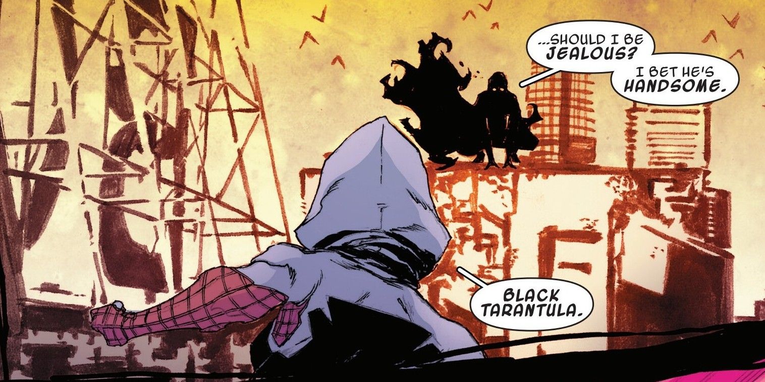 Painel de quadrinhos: Spider-Gwen enfrenta tarântula negra