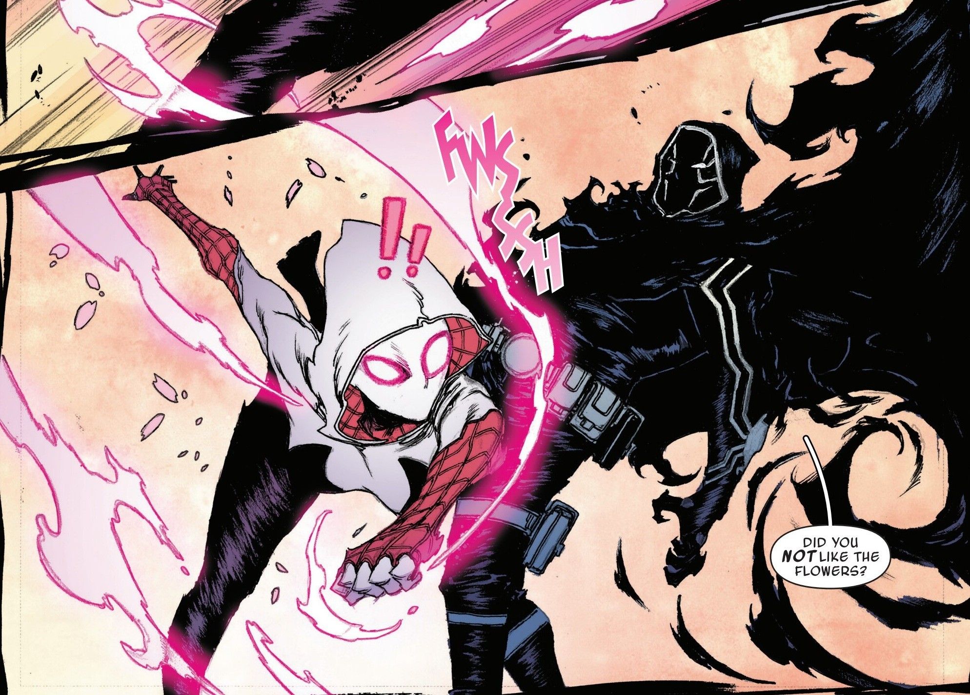 Painéis de quadrinhos: Spider-Gwen tenta dar um soco na Tarântula Negra.