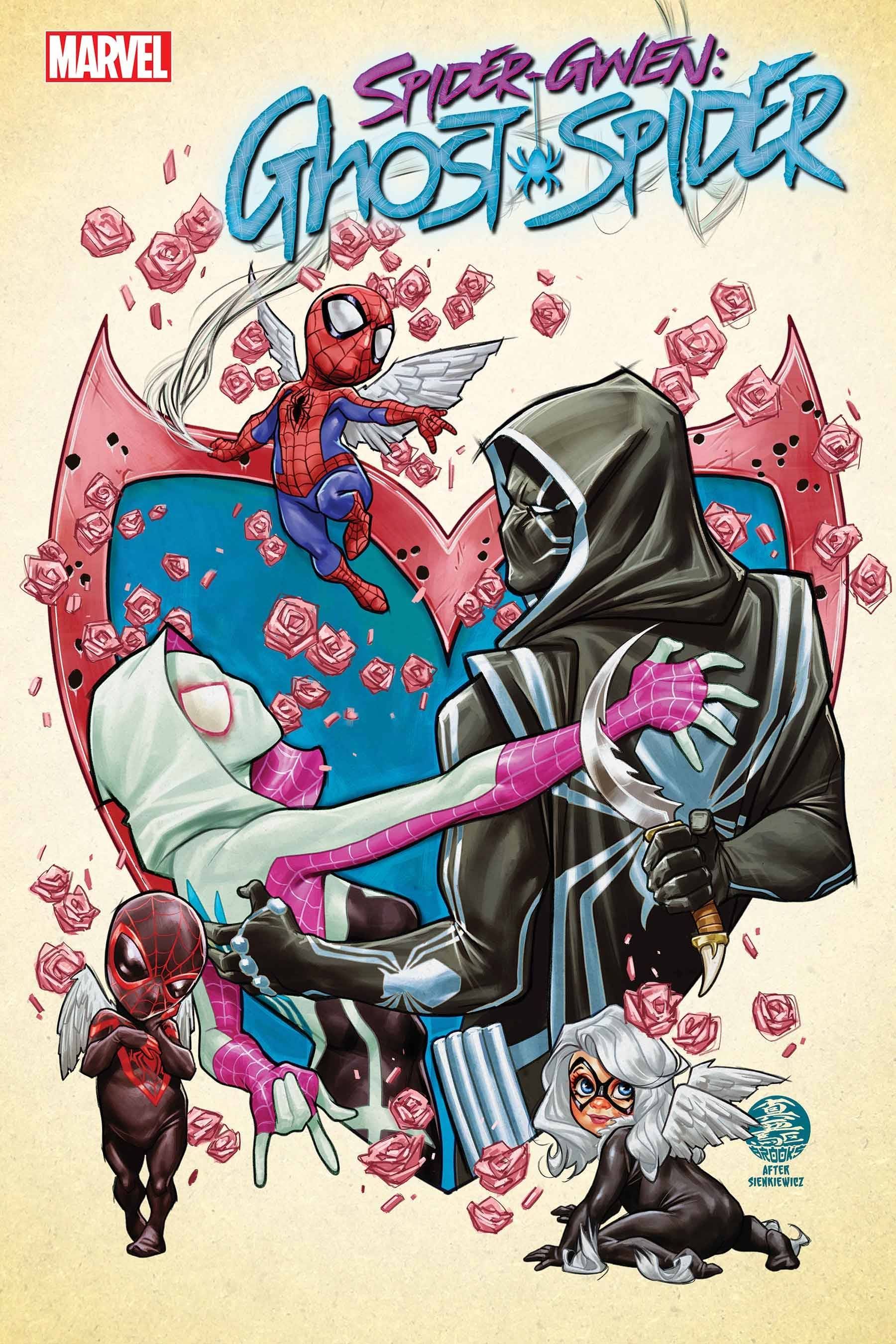 Capa de quadrinhos: Spider-Gwen e Black Tarantula são emolduradas por um coração.