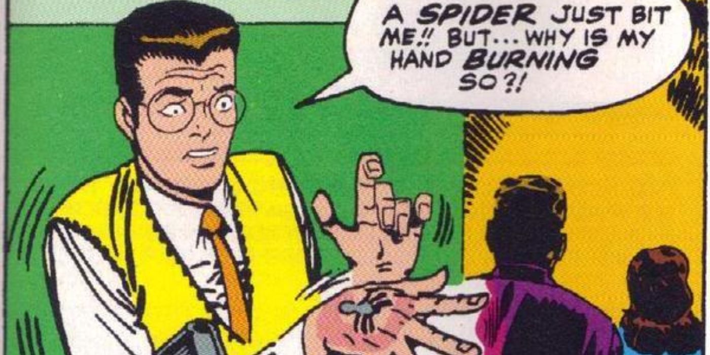 Peter Parker getting bitten by a radioactive spider.