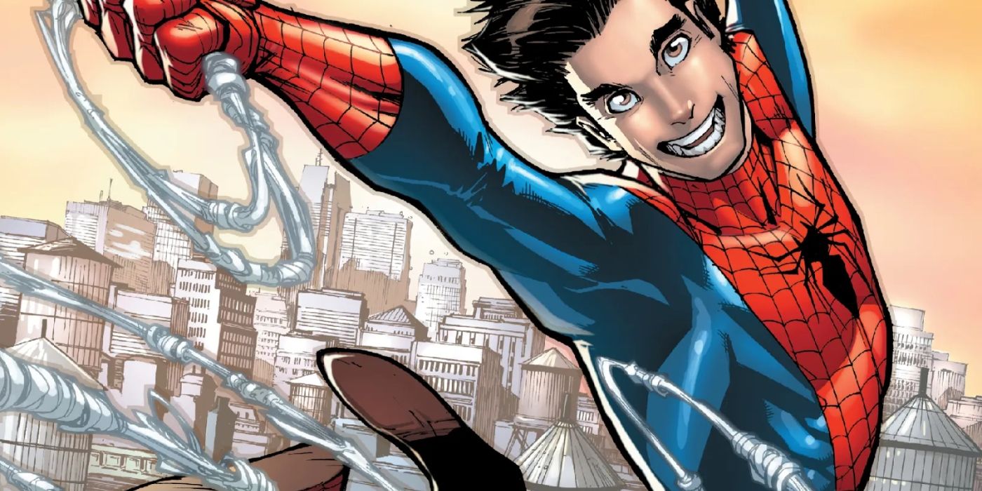 Spider-Man swinging through the city without his mask, revealing himself as Peter Parker.