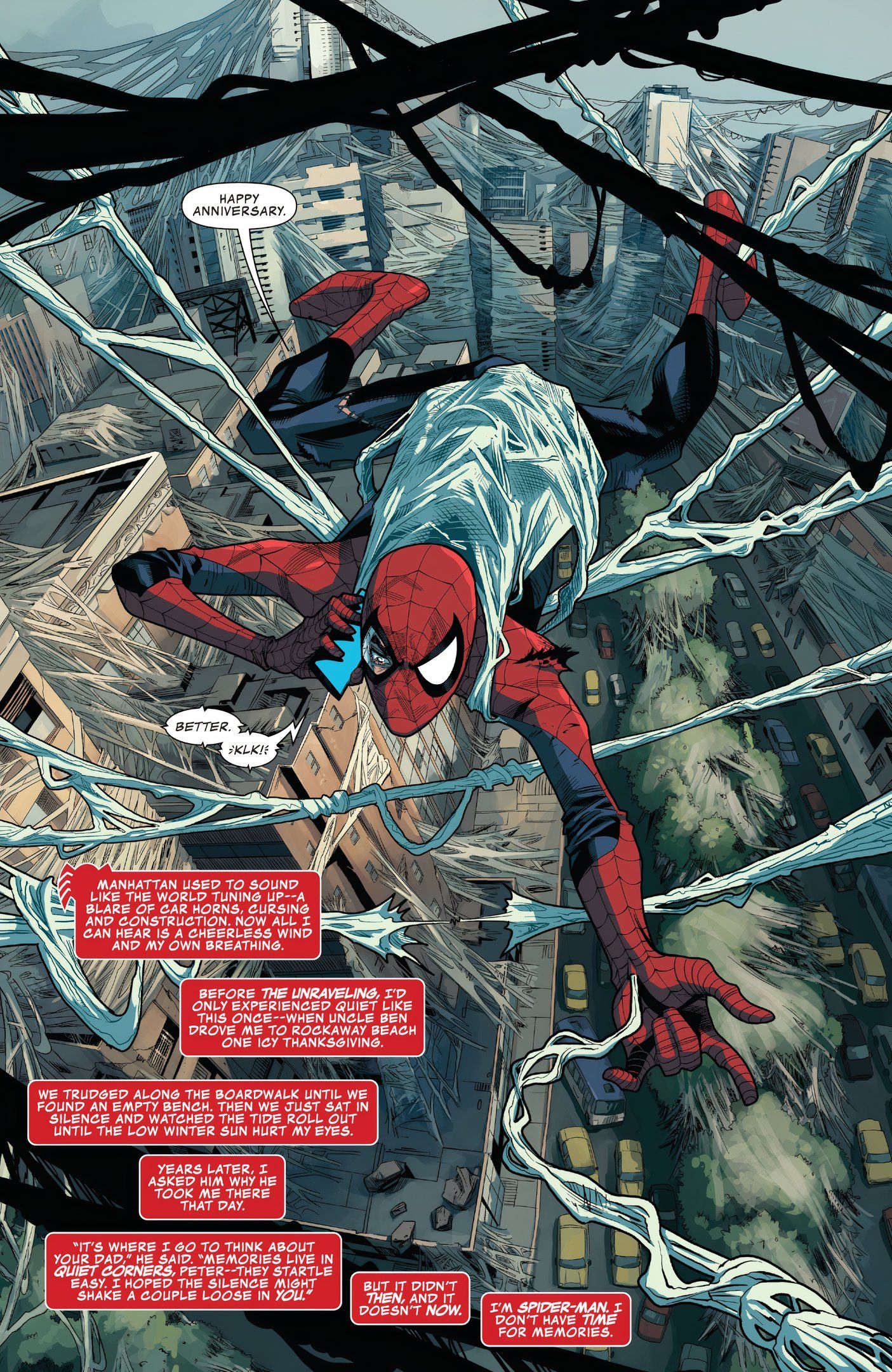 Comic book page: Spider-Man Using His Webbing To Hold Together New York