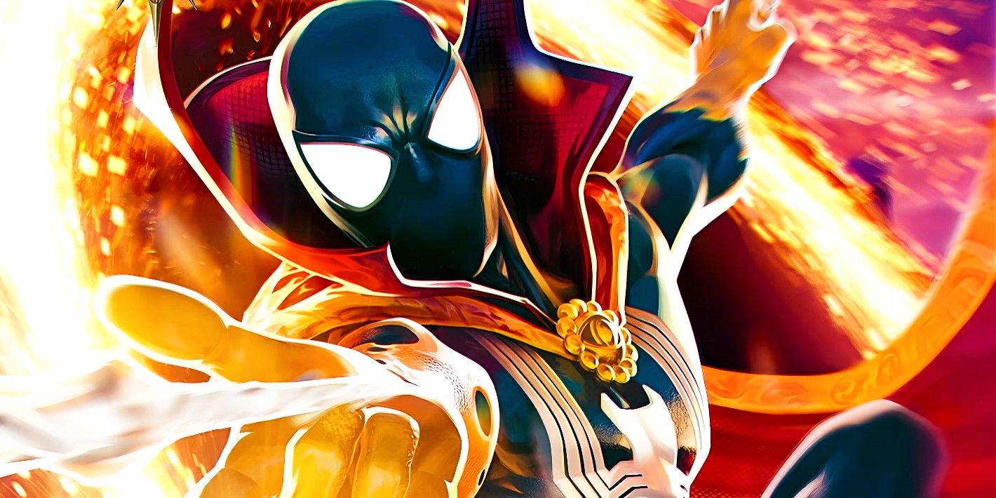 Spider-Man wearing Doctor Strange's costume, with a black mask