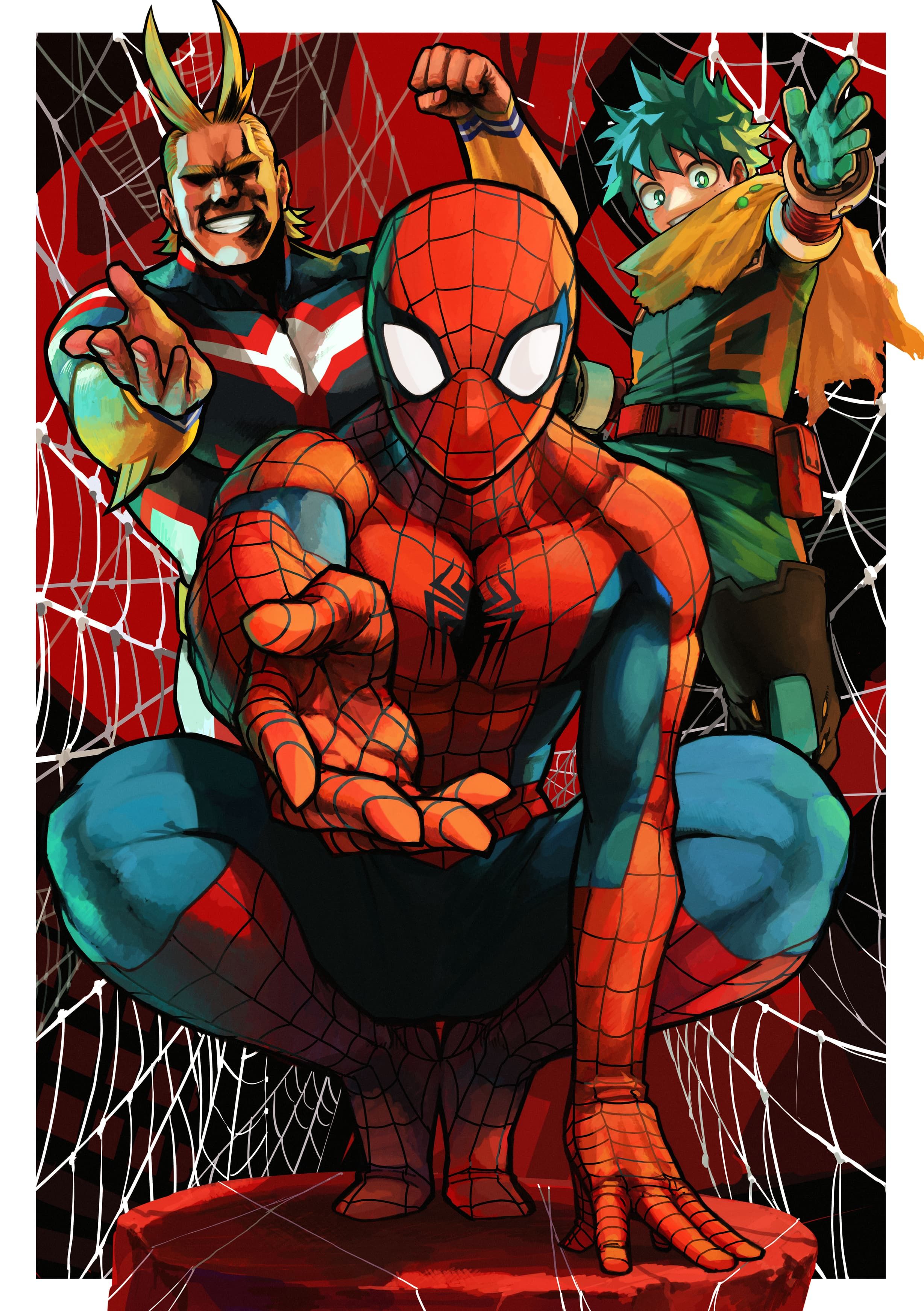 Homem-Aranha com All Might e Deku de My Hero Academia