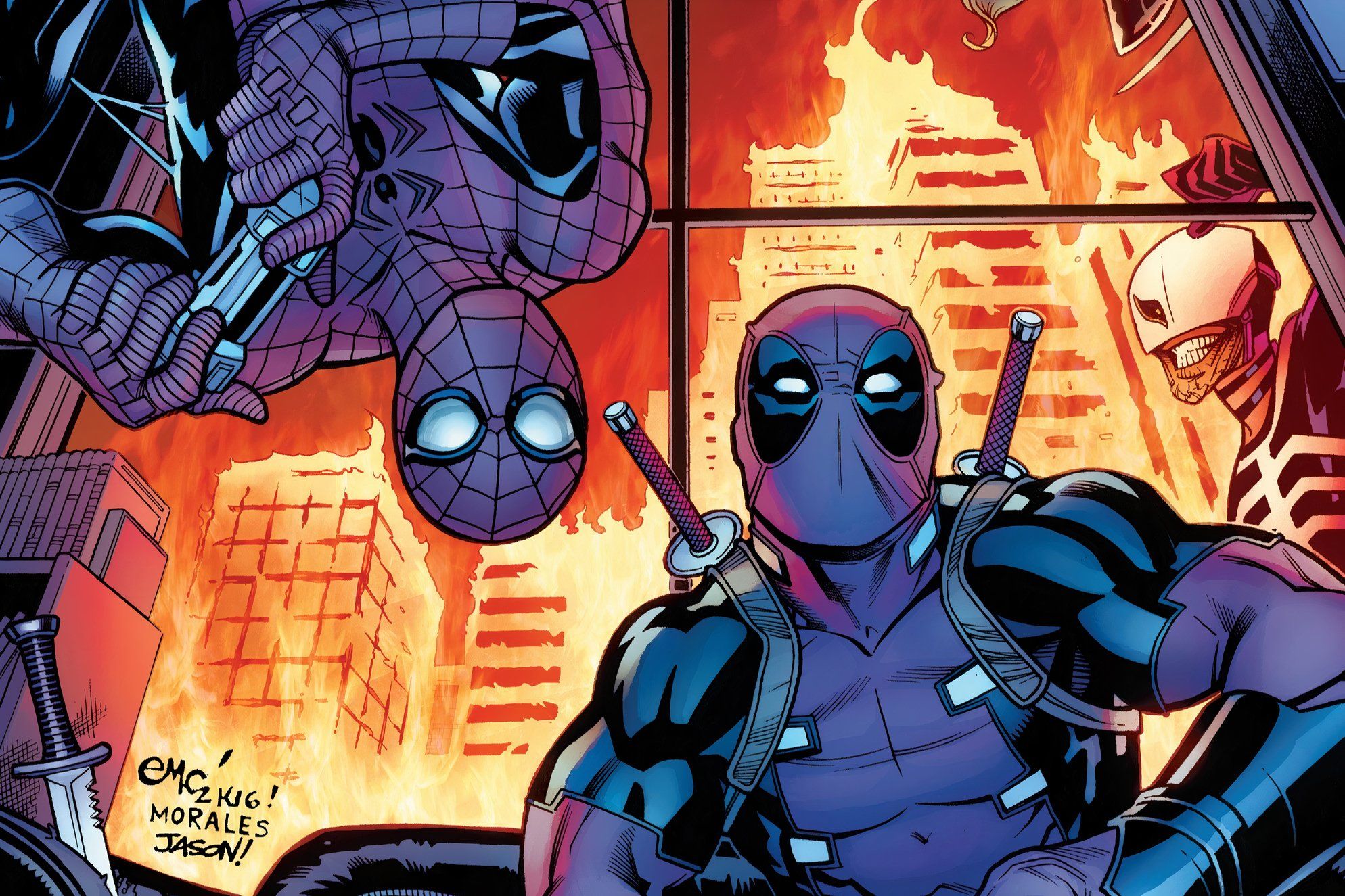 Spidey and Deadpool play video games while the world is on fire