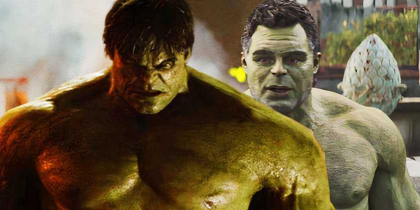 Split image of Ed norton's hulk brooding in the incredible hulk and mark ruffalo's hulk looking concerned in avengers endgame