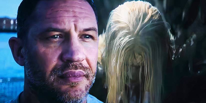 Split image of eddie brock looking content and knull with his head hung in venom the last dance