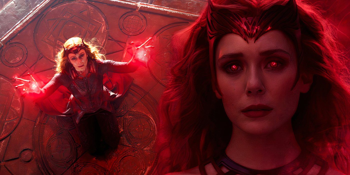 Split image of Elizabeth Olsen's Scarlet Witch about to bring down Mount Wundagore in Doctor Strange in the Multiverse of Madness (2022) on the left, Wanda in her Scarlet Witch crown at the end of WandaVision (2021) on the