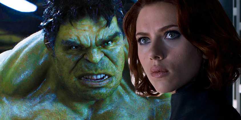 Split image of Hulk looking angry at Black widow in the avengers