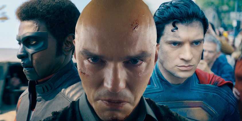 Split image of mister terrific, lex luthor and superman in superman