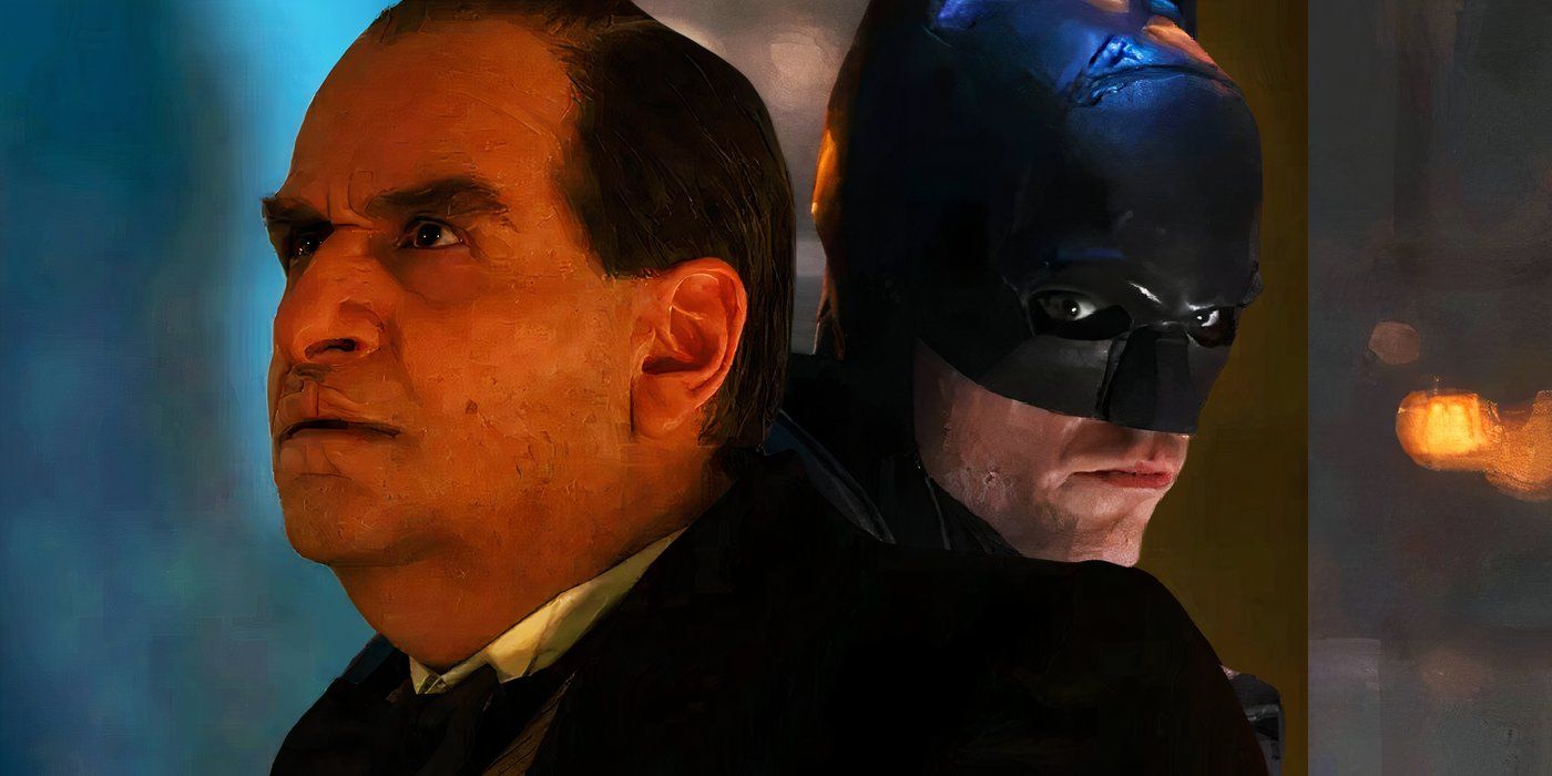 Split image of Oz Cobb Penguin looking up in the penguin and batman looking thoughtful in the batman