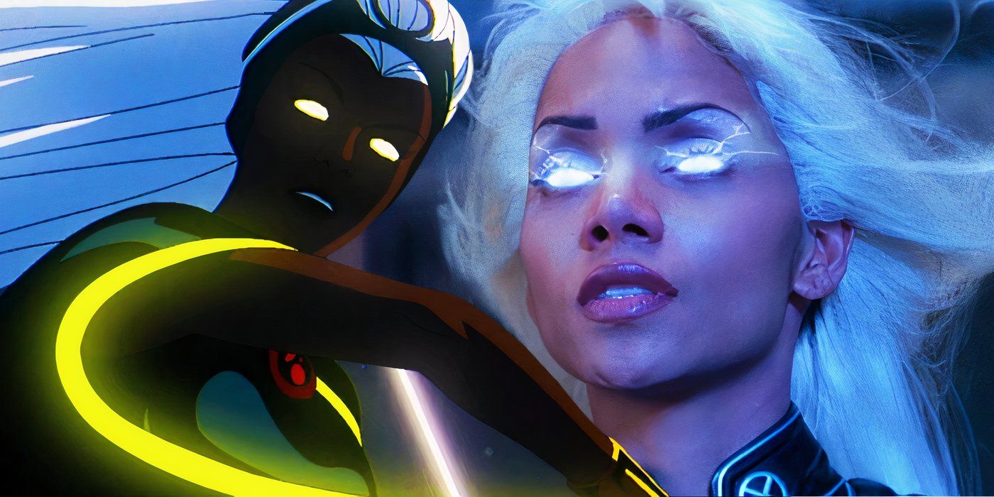 Split image of storm with glowing eyes in X-Men '97 and X-Men