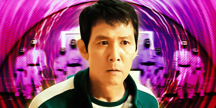 Gi-hun frowning in Squid Game season 2 against a purple warped image of the Masked Men
