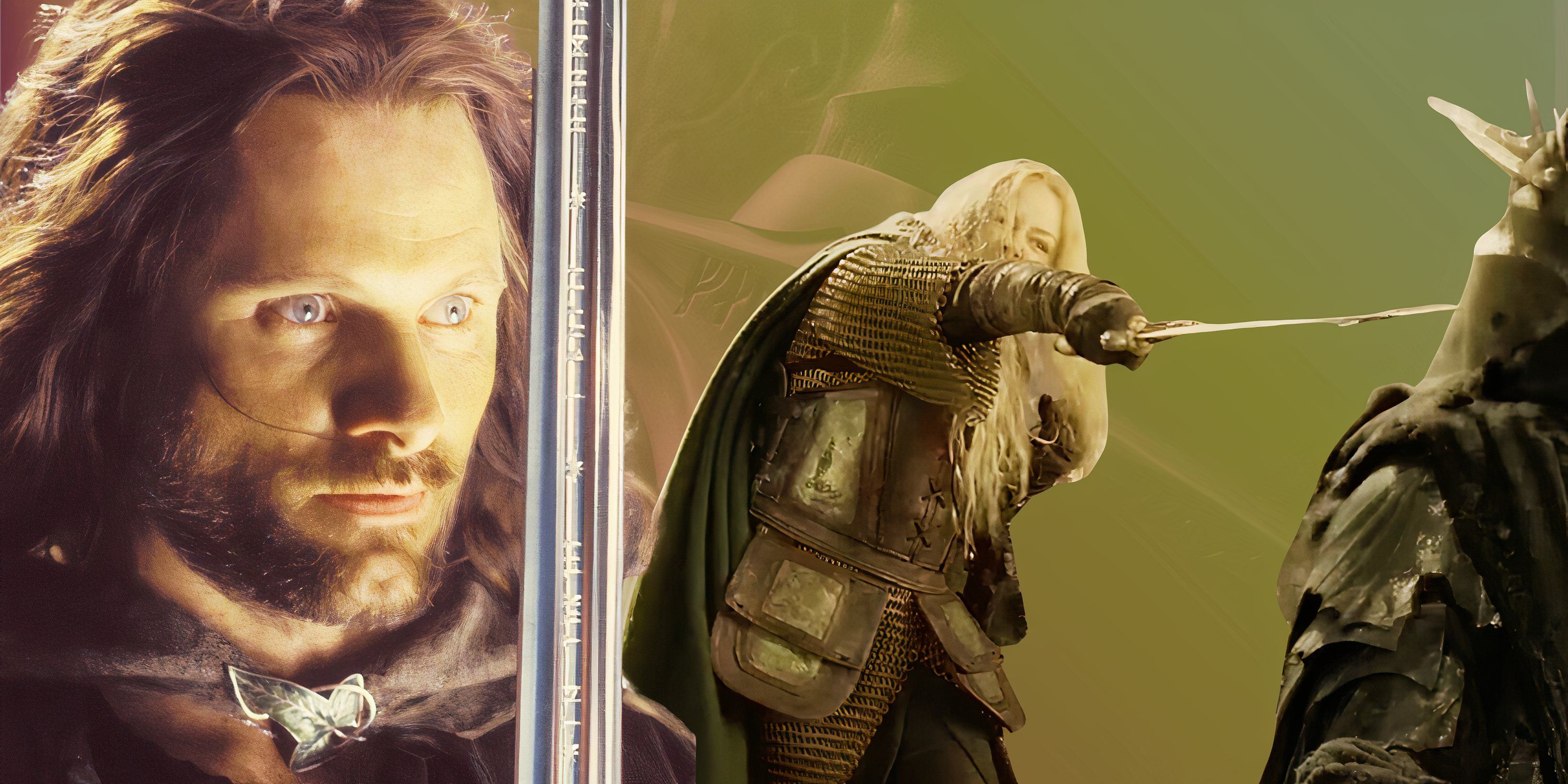 A collage of Aragorn with Anduril over Eowyn stabbing the Witch-King over Glamdring from The Lord of the Rings