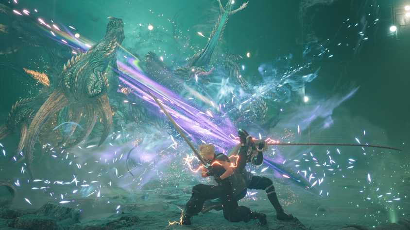 Final Fantasy 7 Rebirth Screenshot from Steam showing cloud taking down a massive enemy in a flurry of bright abilities.